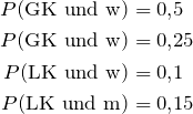 \begin{align*} P(\mbox{GK und w}) &= 0{,}5\\ P(\mbox{GK und w}) &= 0{,}25\\ P(\mbox{LK und w}) &= 0{,}1\\ P(\mbox{LK und m}) &= 0{,}15 \end{align*}